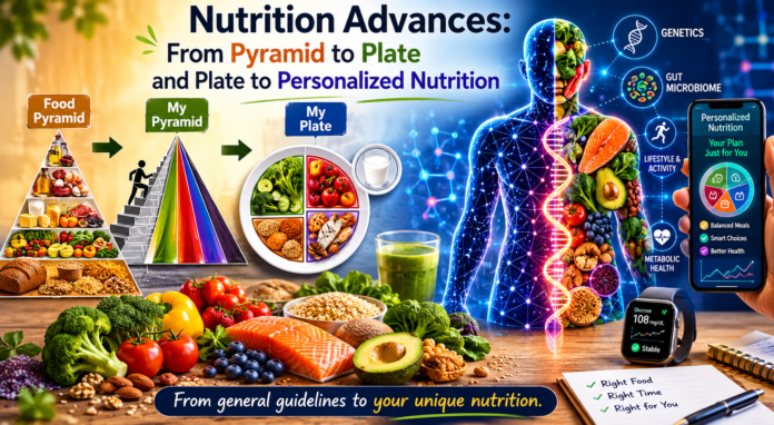 Evolution of dietary guidelines from the Food Pyramid and MyPlate to personalized nutrition based on genetics, gut microbiome, metabolism, and lifestyle factors.